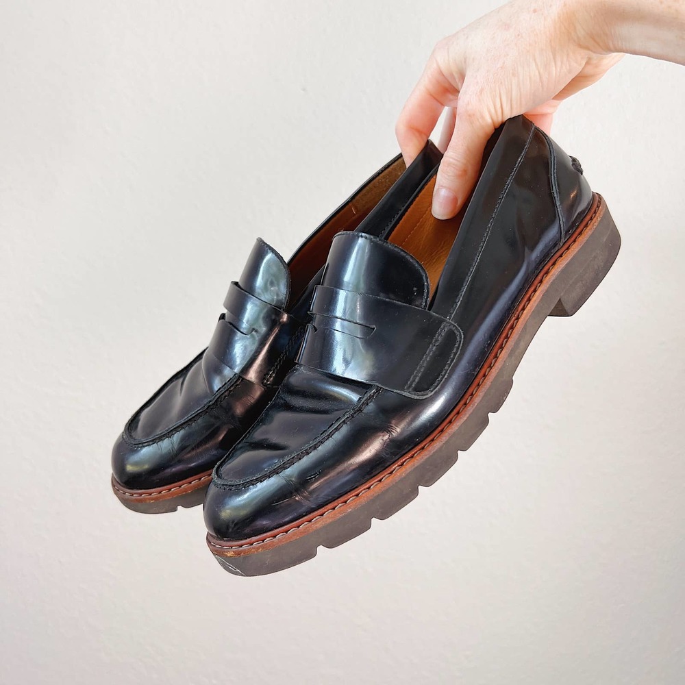 Coach Black Leather Penny Loafers with Brown Trim